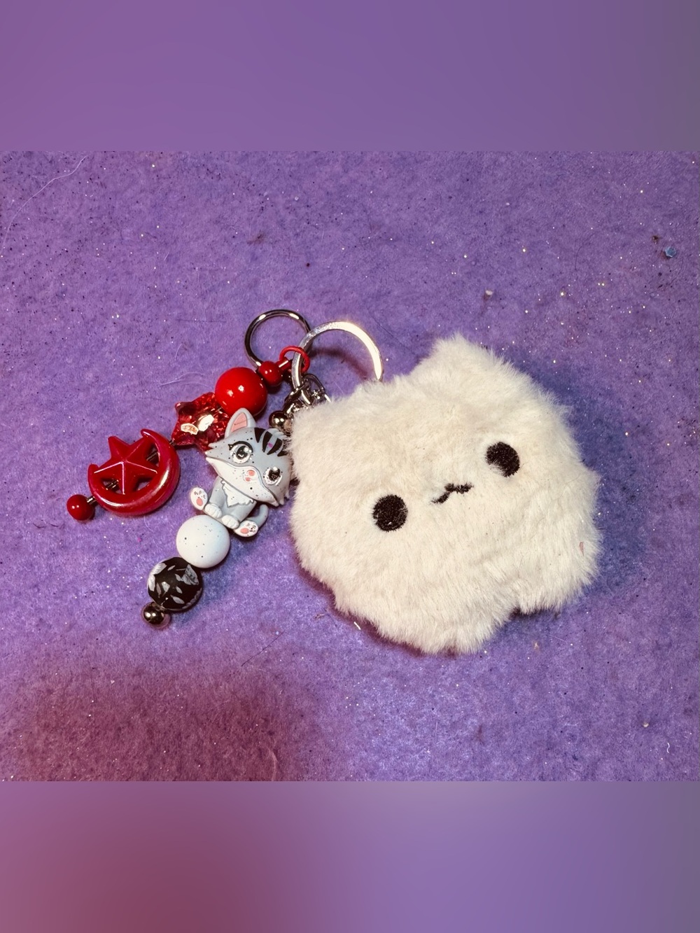 Plush White Cat Face Keychain Charm with Beaded Accents